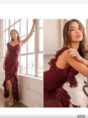 Ruffled Burgundy Midi Slip Dress with Asymmetrical Hem